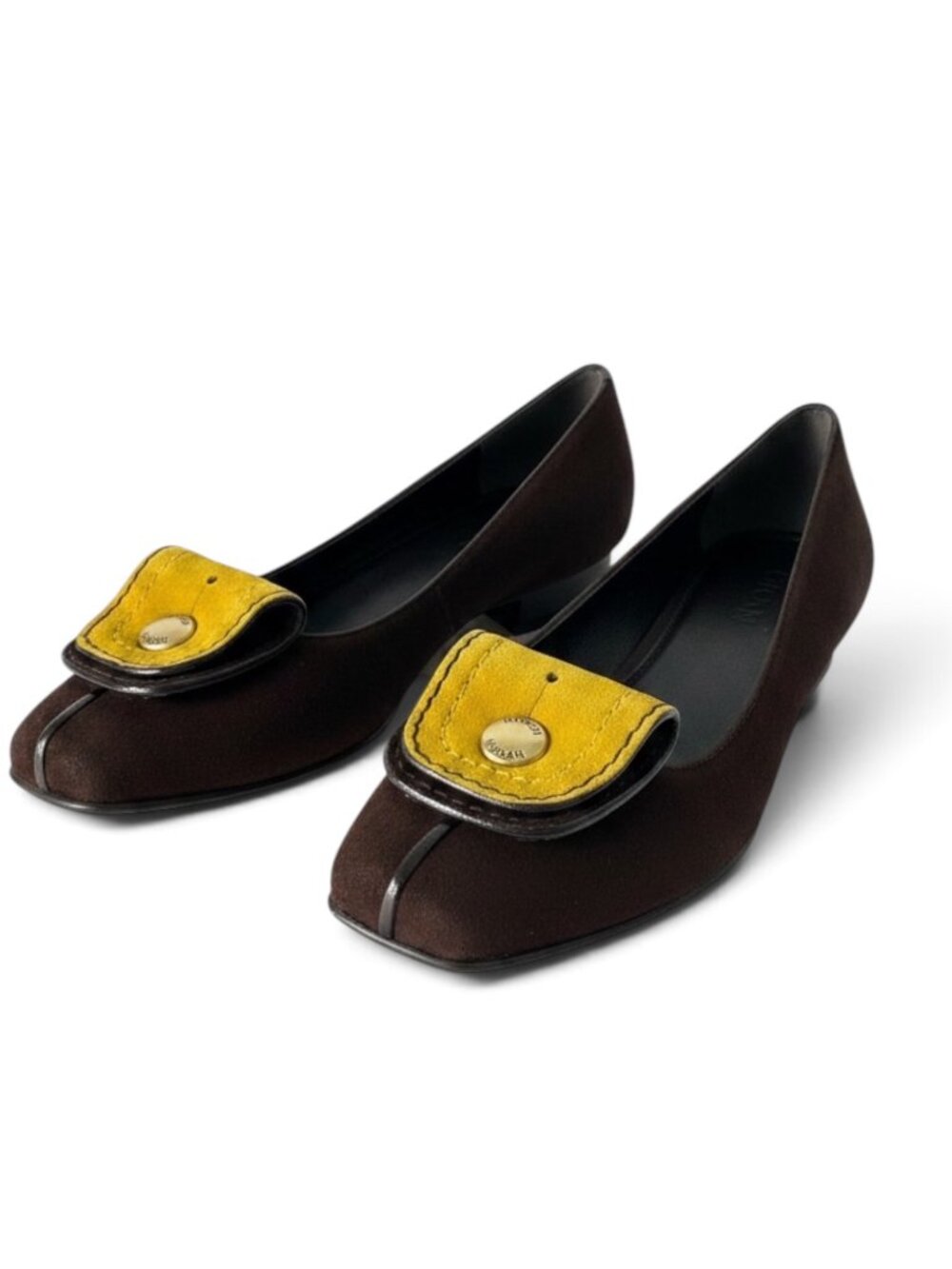 Hogan Tacco 20 Decollete Brown Suede Ballerina Pumps Yellow Accent EU 37 NIB